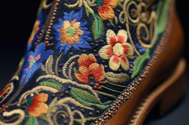 Photo closeup of detailed embroidery on boot shaft created with generative ai