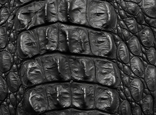 Closeup of detailed rugged alligator skin texture in black and white