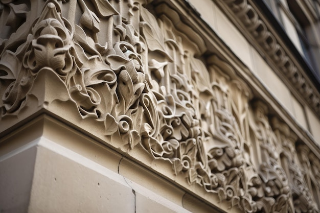 Closeup details of intricate stonework on the exterior of a building