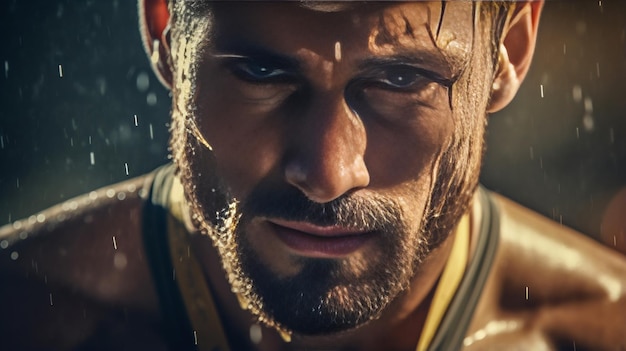 Closeup of a Determined Athlete with a Medal and a Tattooed Fist