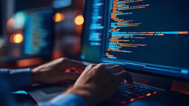 closeup of a developer39s hands coding on a desktop with multiple screens displaying code the image emphasizes multitasking and software development in a tech workspace