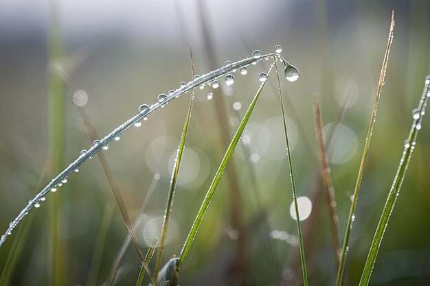 Closeup of dewdrop on blade of grass in misty meadow created with generative ai