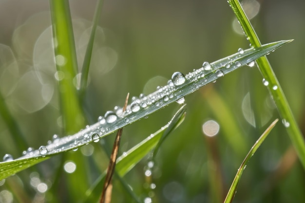 Closeup of dewdrop on blade of grass in misty meadow created with generative ai