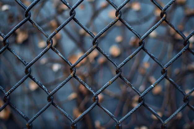Closeup of a dewkissed chainlink fence on a blurry autumn background