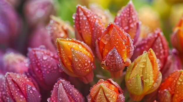 Photo a closeup of dewkissed flower buds in an array of vibrant colors on the cusp of blooming open showcasing the beauty and promise of new beginnings