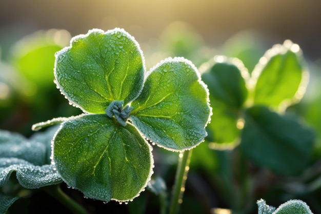 A closeup of a dewkissed fourleaf clover at dawn