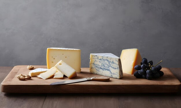 Closeup of Different kinds of delicious cheese grape shot on rustic wooden table Cheese background