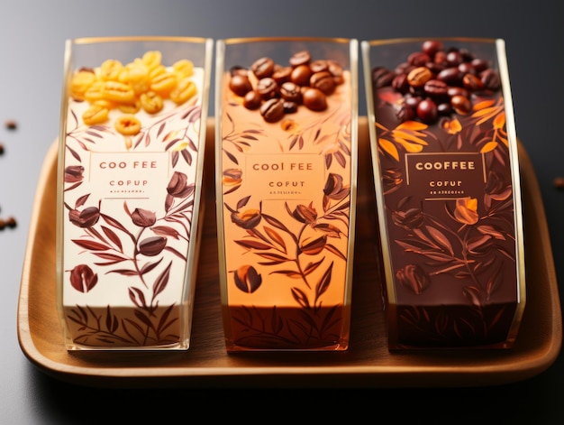 Closeup of different types of Italian coffee beans in a wooden box