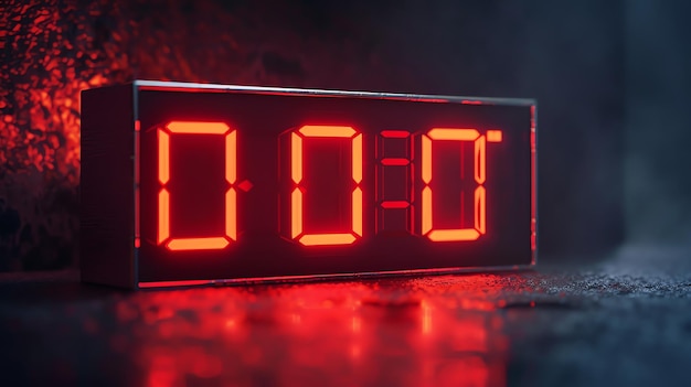 Photo a closeup of a digital clock displaying the time 0000 in red the clock is sitting on a wet surface with a dark background