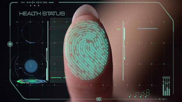 Photo closeup digital fingerprint health scanner analyzing biometrical information