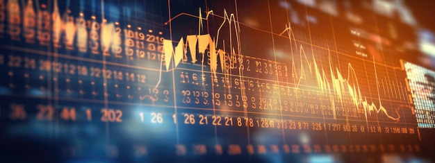 Closeup of a digital screen displaying financial stock market data with graphs and analytics illustrating market trends and investment analysis