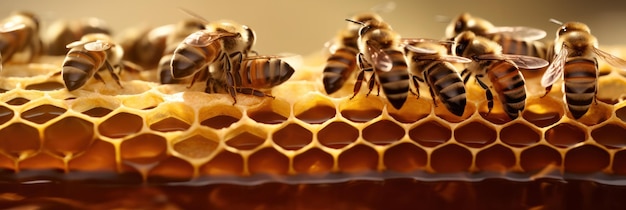 Closeup of diligent honey bees working on a golden honeycomb capturing the intricate details