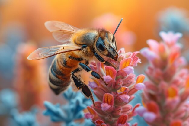 Closeup of a diligent honeybee collecting nectar from vibrant wildflowers in a sunlit meadow