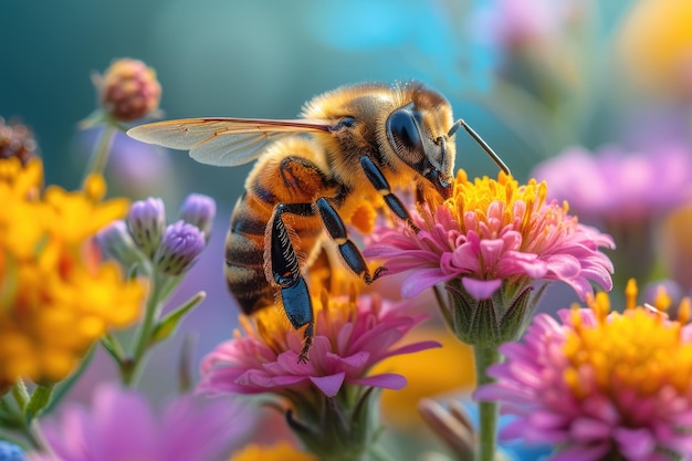 Сближение усердной пчелы, собирающей нектар из ярких диких цветов на солнечной луге