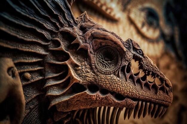 Closeup of dinosaur fossil with intricate details visible