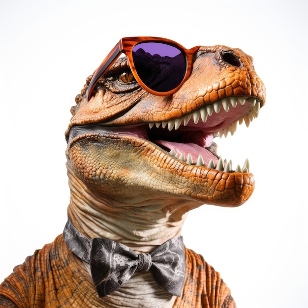 Closeup of Dinosaur with sunglasses on white background