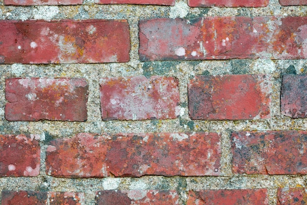 Closeup of a dirty red brick wall with copy space Old deteriorating exterior surface of a house Detail and rough texture of cement blocks concrete layers for construction of a solid structure