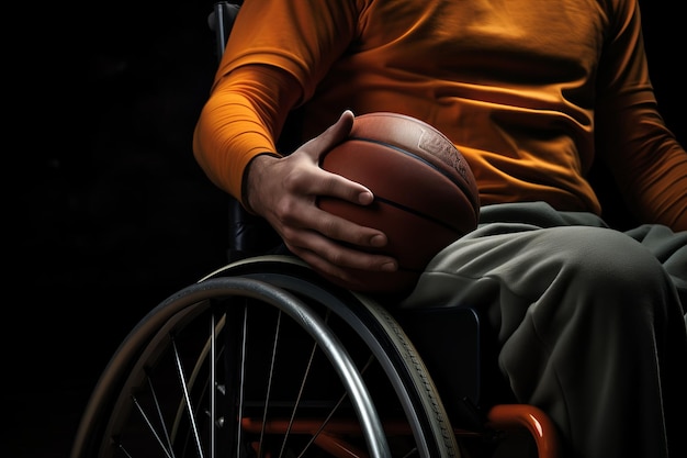 Foto primo piano di un uomo disabile che gioca a basket