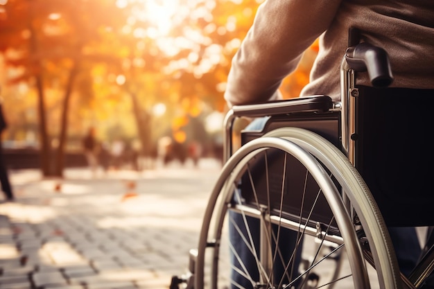 closeup of disabled person hand riding in wheelchair at park