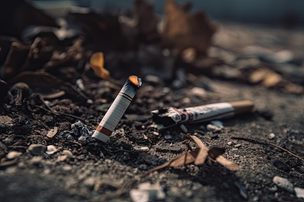 Closeup of a discarded cigarette surrounded by litter and trash on the ground