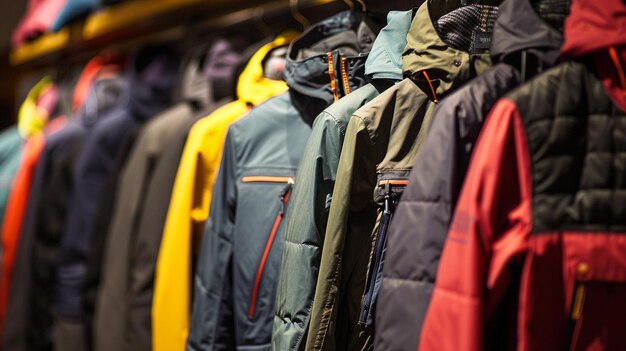 Photo closeup of a display of cozy ski jacket in different style