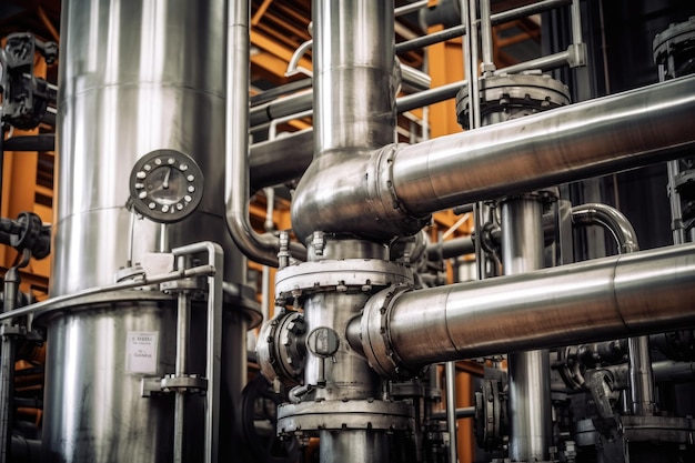 Closeup of a distillation column in a chemical plant showcasing the complex network of pipes