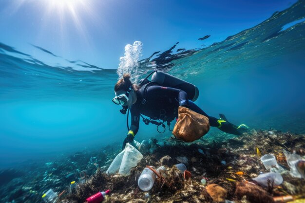 Closeup of a diver aquanaut collecting plastic bottles on the ocean environment problem