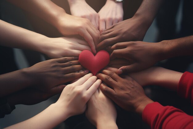 Photo closeup of diverse hands forming a heart shape generative ai