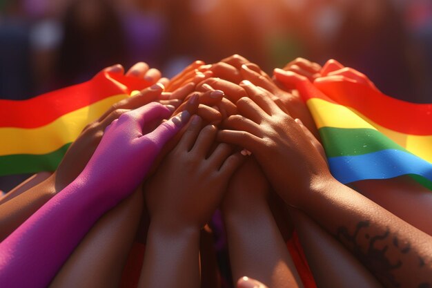 Photo closeup of diverse hands holding a pride flag generative ai