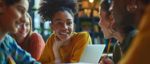 Photo closeup of a diverse multiethnic team having a meeting in a creative office the authors lean on the conference table while they look at laptops and make notes on notebooks