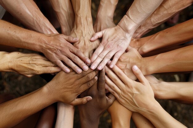 Photo closeup of diverse people joining their hands