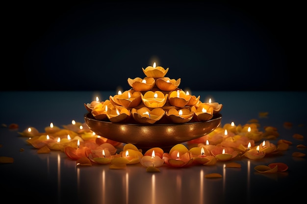 A closeup of a Diwali diya arrangement in the dark Diwali celebration concept