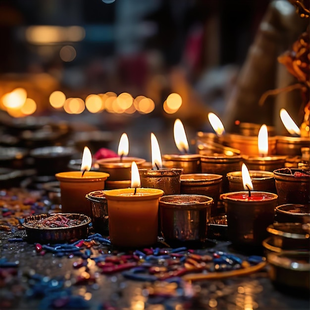 A Closeup of a Diya Lamp Glowing Brightly in The Darkness During Diwali