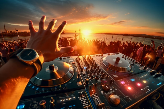 Closeup of DJ hand greeting crowd with hand at a sunset open air electronic music vacation party