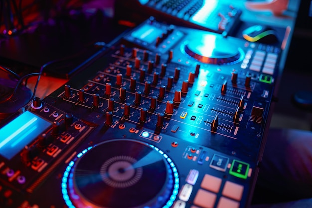 ネオンの光で dj ターン テーブル ミキサーのクローズ アップ ネオンの光で dj ターン テーブル ミキサーのクローズ アップ