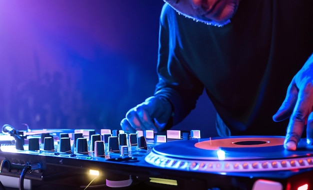 closeup of a Dj working under the blue light