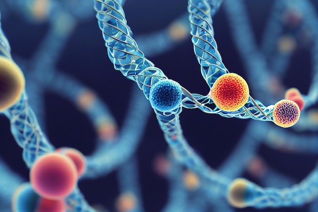 Closeup dna atom chain and molecules interaction molecule connection model chemistry particle and co