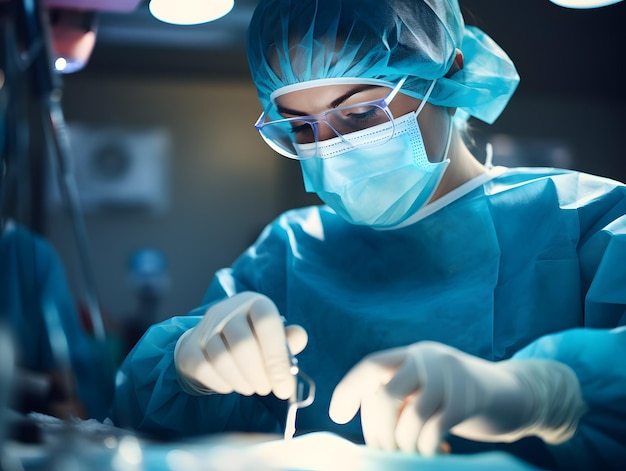 Closeup of doctor face looking down on patient's body undergoing surgery