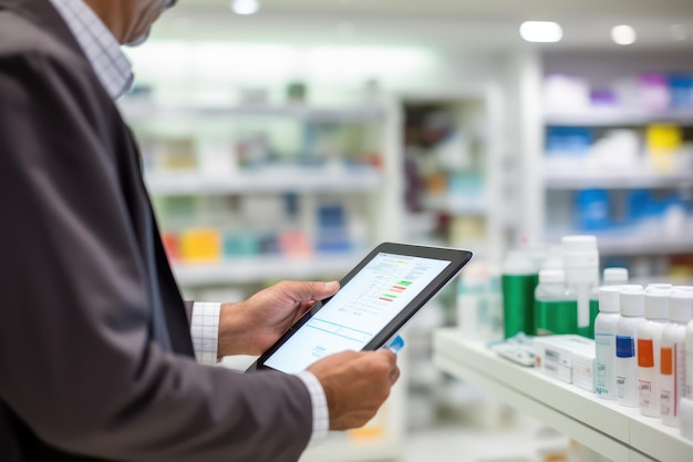 의사의 손이 디지털 태블릿을 들고 약국에서 의약품을 확인하는 클로즈업