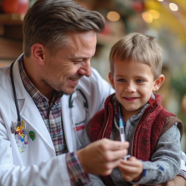 Foto close-up di un medico che prepara una siringa di vaccino per un bambino dottore e bambino in ospedale ai