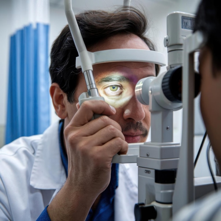 Photo closeup of a doctor using an ophthalmoscope to examine a patients eye highlighting the light beam