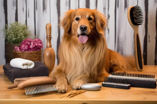 Closeup of dog brush and grooming tools on table