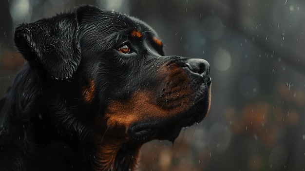 Photo closeup dog face rain rottweiler