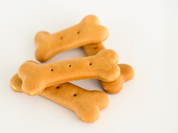 Photo closeup of a dog food biscuit designed to resemble bones