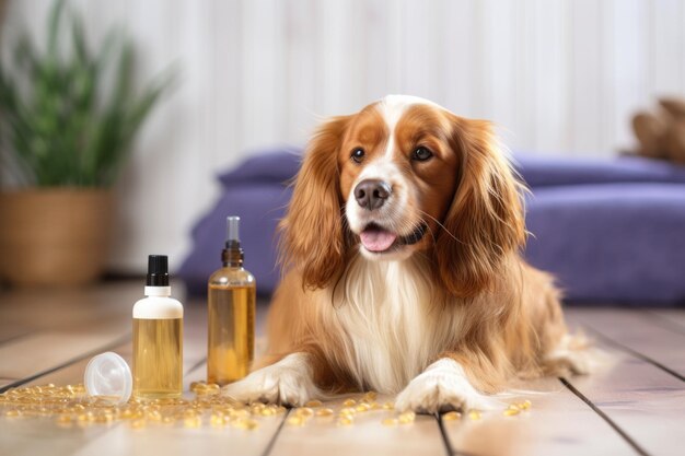 Closeup of dog shampoo and brush on a table