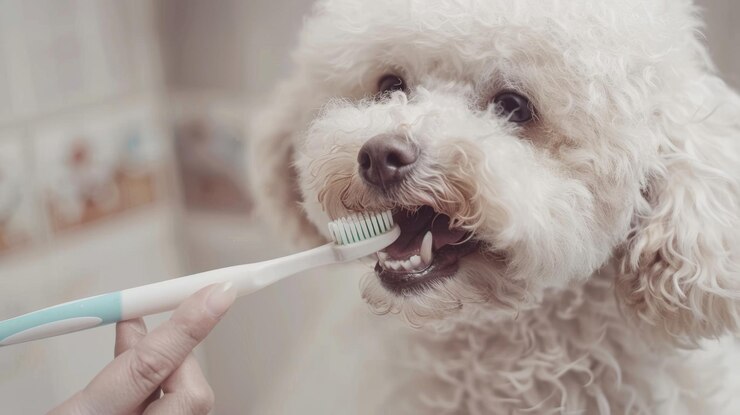 責任あるペットケアを強調する犬の歯の掃除のクローズアップ