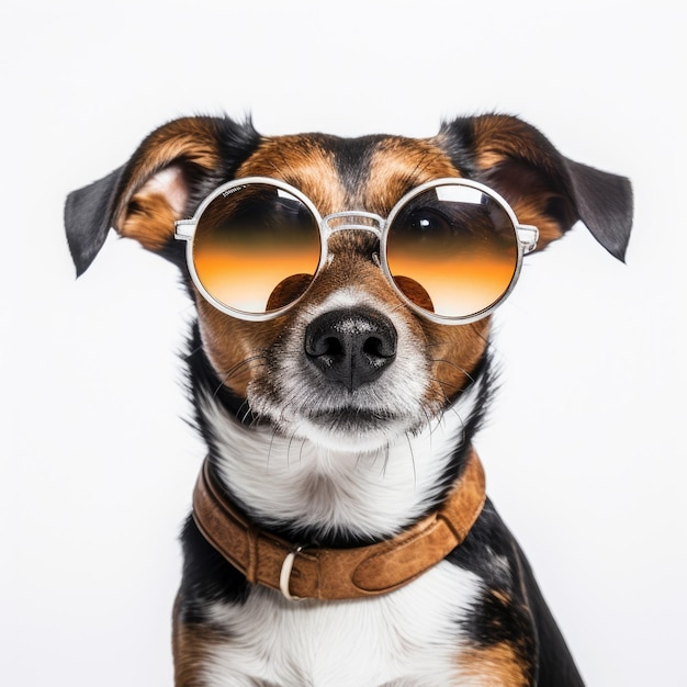 Клоуз-ап собаки с солнцезащитными очками на белом фоне