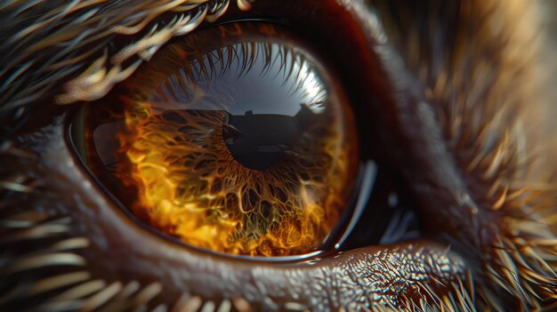 Photo a closeup of a dogs eye the eye is a deep brown color with a yelloworange sclera