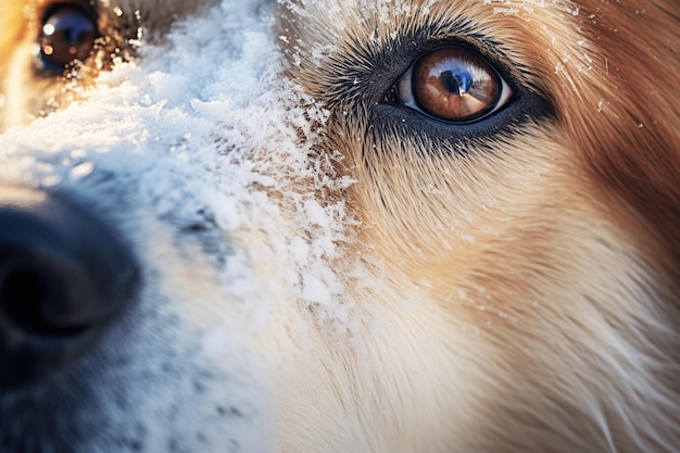 Photo closeup of a dogs eye in the snow selective focus