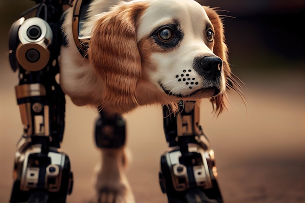 Foto primo piano della faccia dei cani con la sua gamba robotica in piena vista creata con l'ia generativa